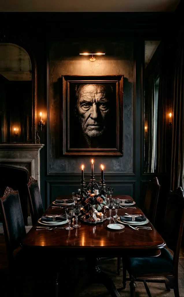 Dramatic chiaroscuro black and white portrait in a moody dining room.
