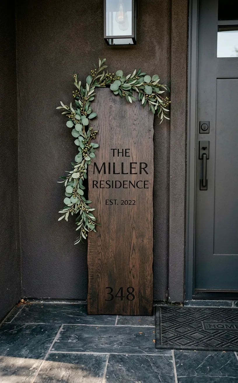 Stark minimalist dark wood vertical entryway sign draped with a faux eucalyptus garland on a clean slate porch