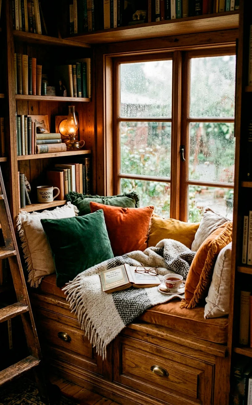 Cozy custom window seat in a home library with plush pillows and a blanket.