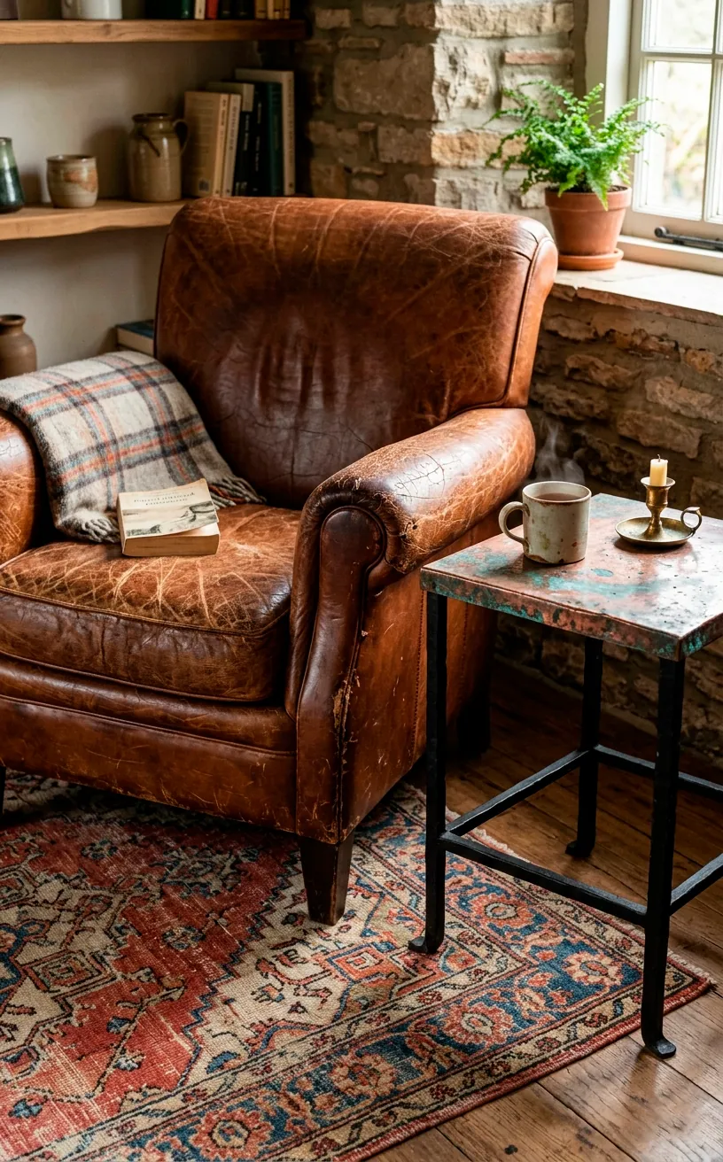 Distressed cognac leather armchair next to an oxidized copper and iron side table