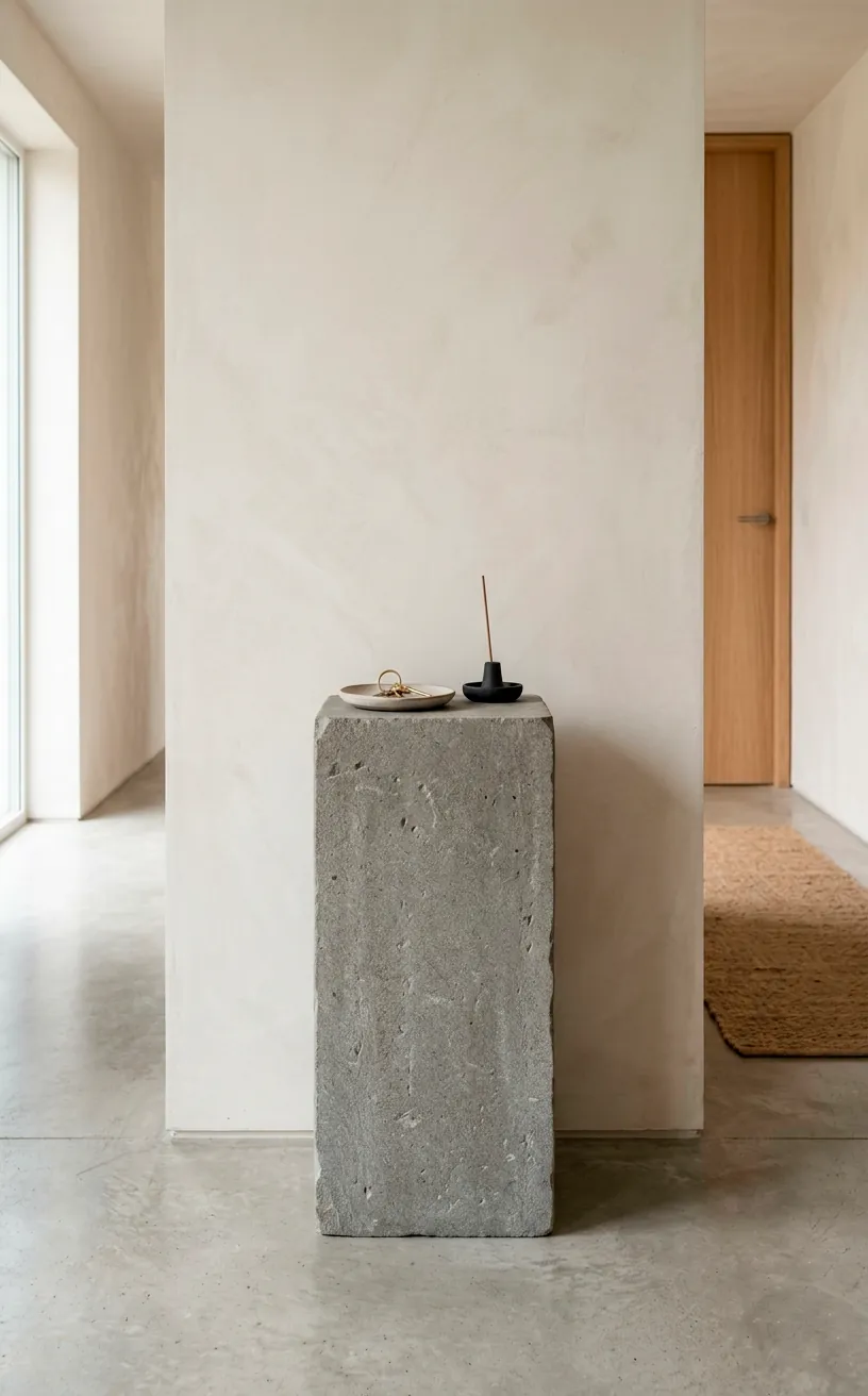 Monolithic stone plinth functioning as a minimalist catch-all table in an uncluttered hallway