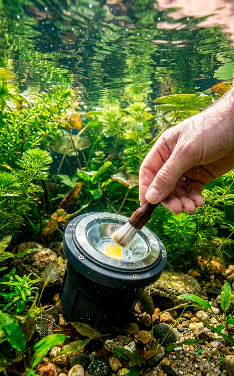 Cleaning the glass lens of an underwater LED pond light with a soft brush