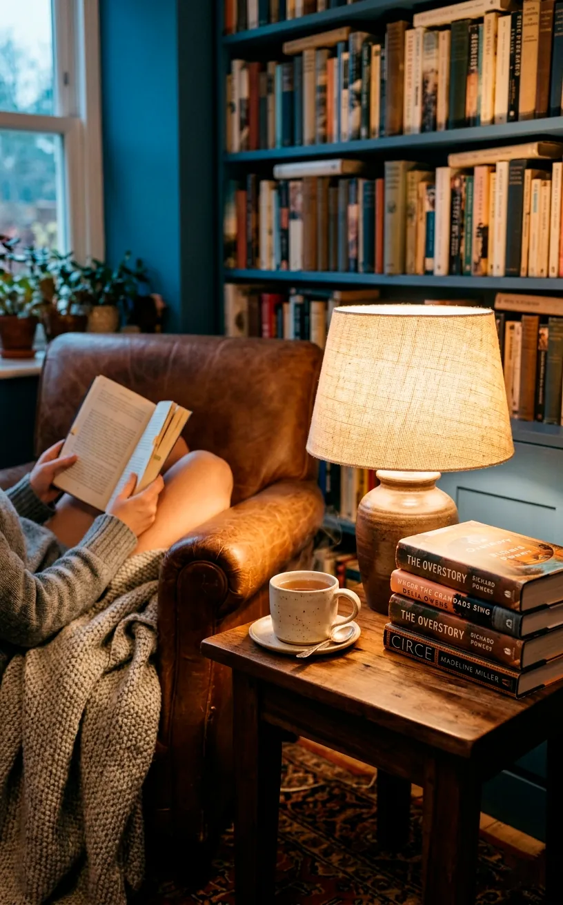 A table lamp with a cream linen lampshade glowing warmly next to a cup of tea.