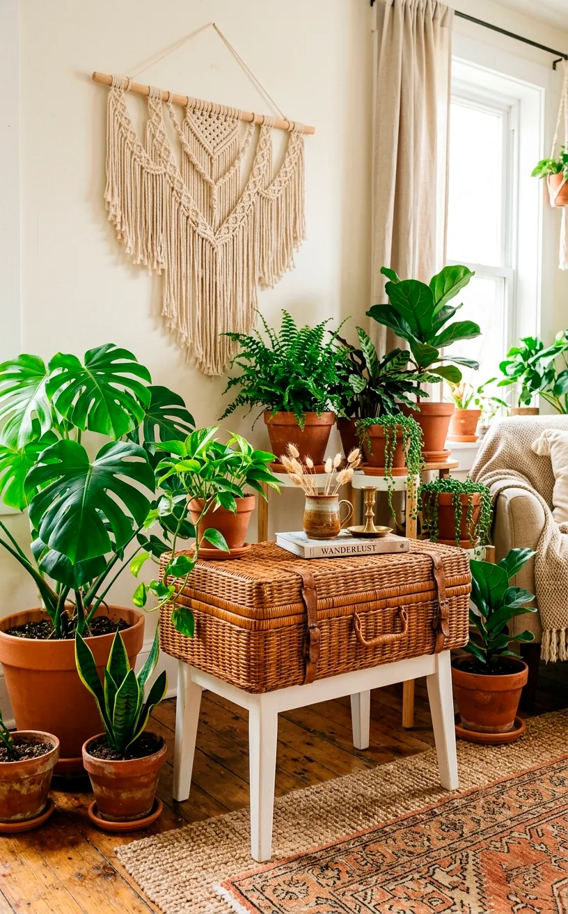 Wicker suitcase side table surrounded by indoor plants in a boho room.