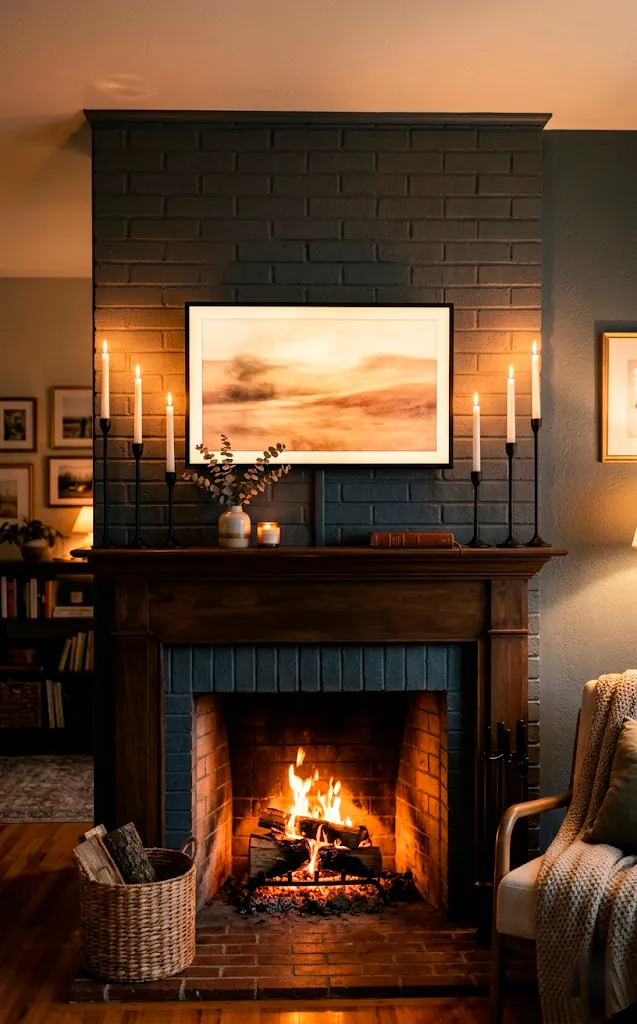 Symmetrical graduated candlesticks glowing on a fireplace mantel next to a TV