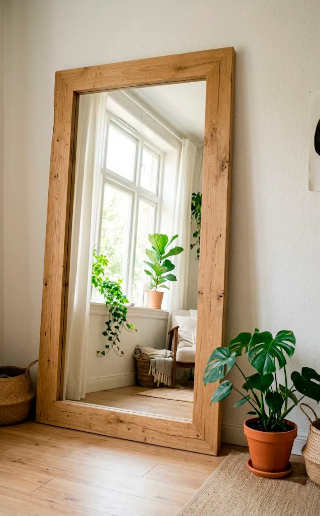 Oversized floor mirror with a raw light oak frame reflecting bright natural window light in a small living room.