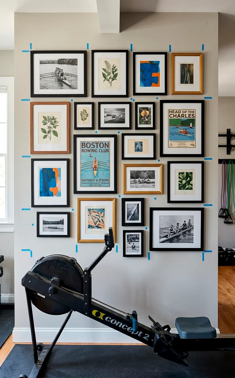 Perfectly spaced asymmetrical gallery wall above a rowing machine.