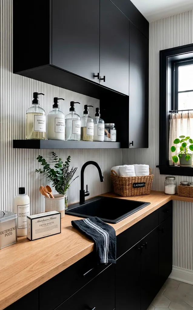 Crisp laundry room featuring delicate black and white pinstripe wallpaper and matte black hardware