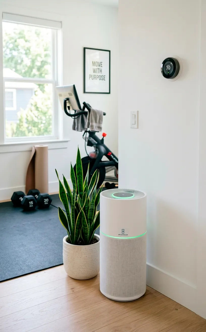 Sleek smart air purifier and modern wall thermostat in a bright, sunlit home gym setting.