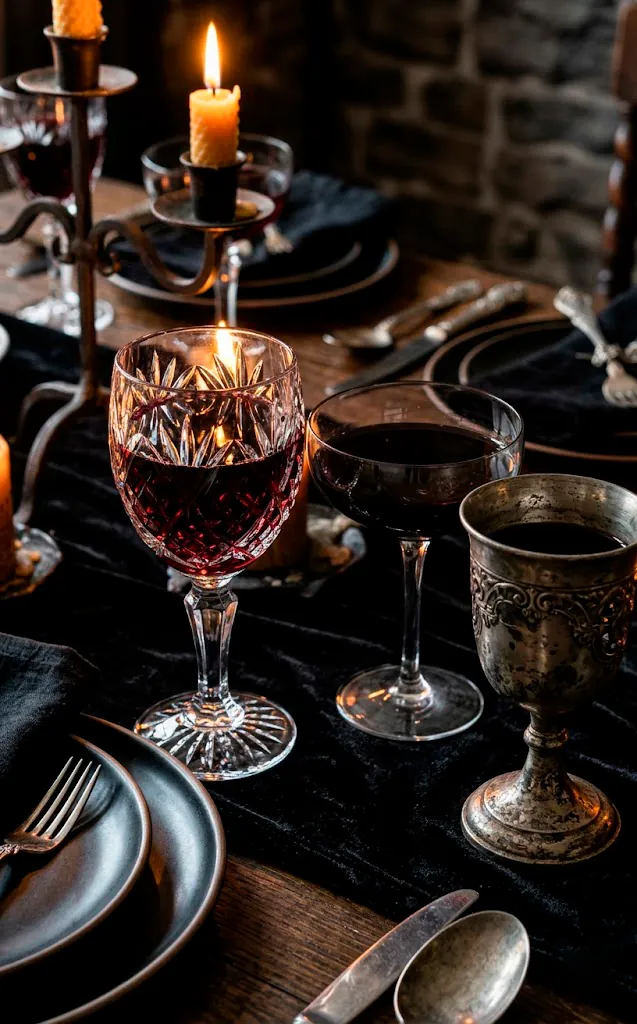 Heavy crystal goblet filled with red wine beside a pewter chalice