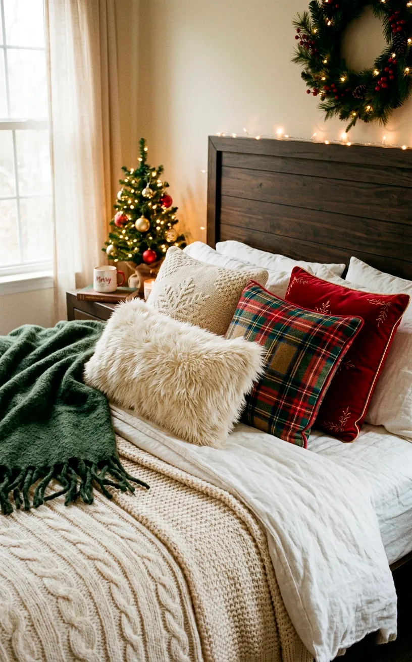 Asymmetrical arrangement of decorative faux fur and plaid holiday pillows.