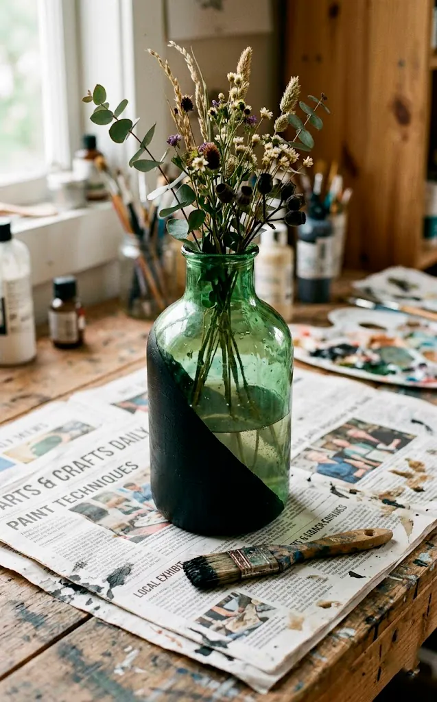 Upcycled green glass vase partially painted with a sharp diagonal line of matte black acrylic paint.