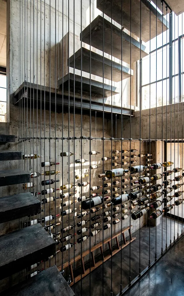 Floating steel cable suspension system holding wine bottles beneath concrete stairs