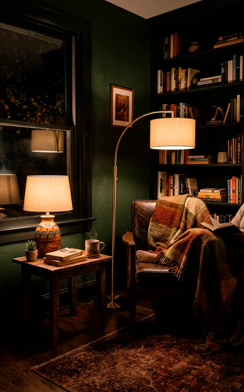 Living room corner lit by warm amber glowing lamps