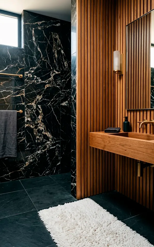 Contrasting textures showing black marble tiles next to vertical slatted wood and a fluffy bath mat.
