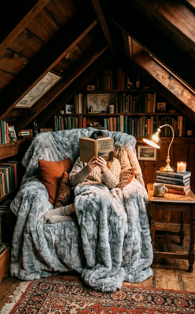 Oversized armchair draped in a gray faux rabbit fur blanket under a slanted attic ceiling