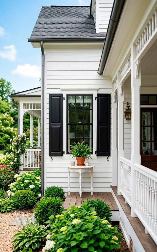Matte black window shutters contrasting beautifully against white siding on a farmhouse porch.