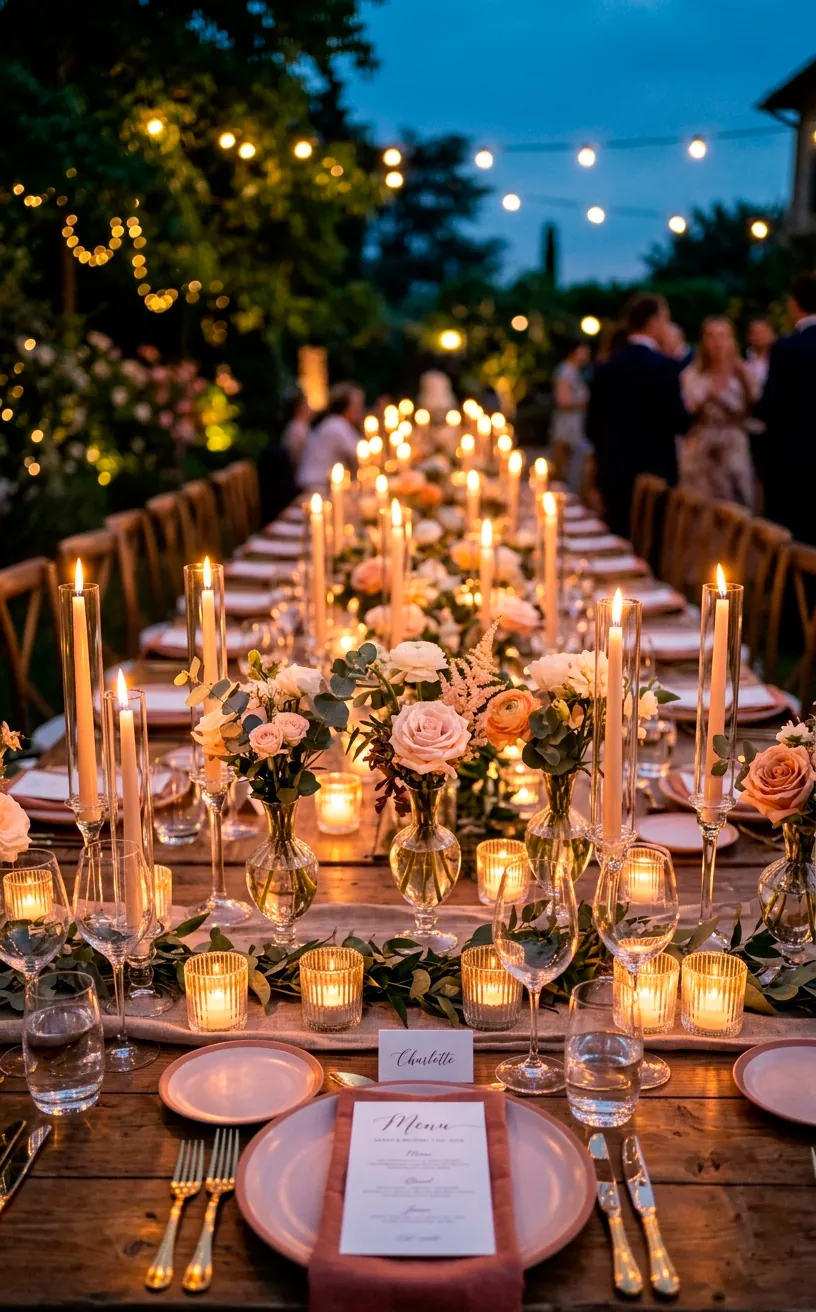 Small glass stem vases mixed with glowing taper candles on a reception table