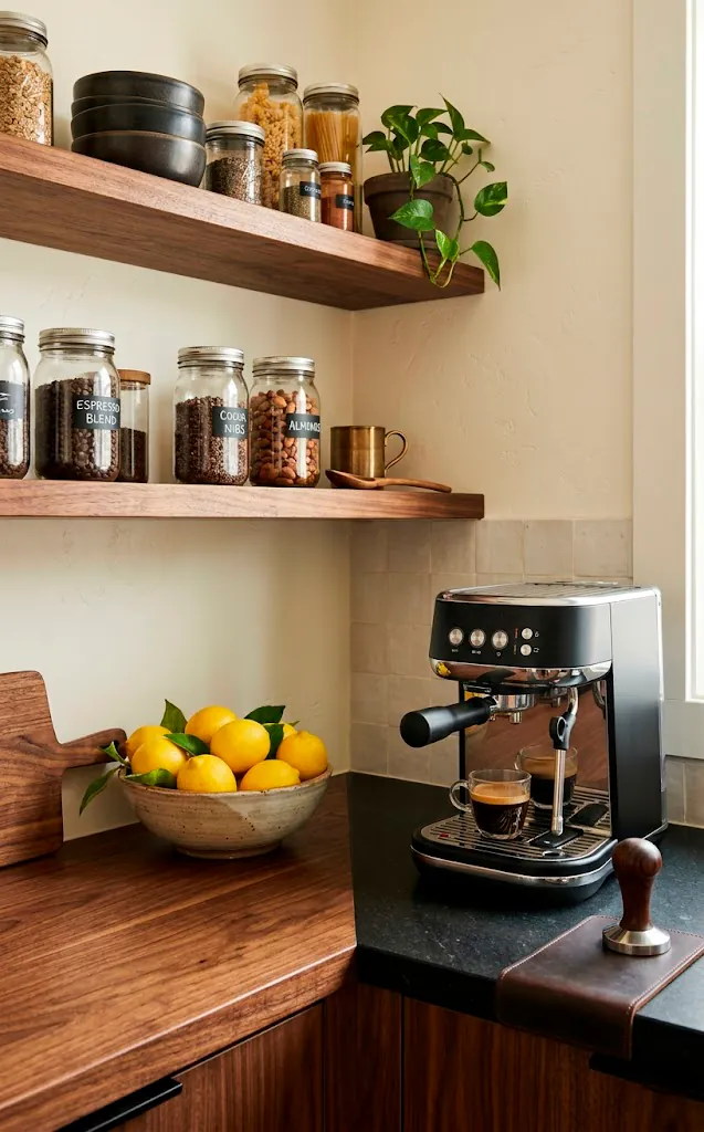 A modern pantry counter combining warm walnut cabinets with a matte charcoal black quartz surface.