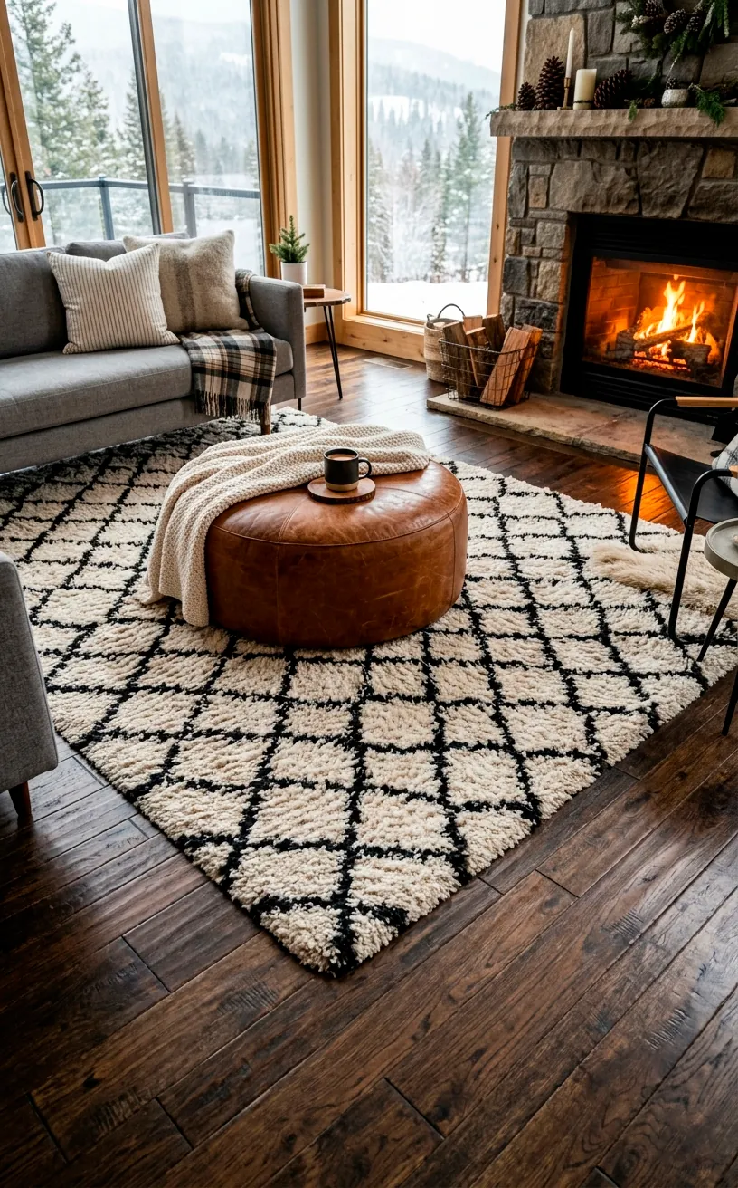 Plush shag rug with a high-contrast diamond geometric pattern on a dark wood floor