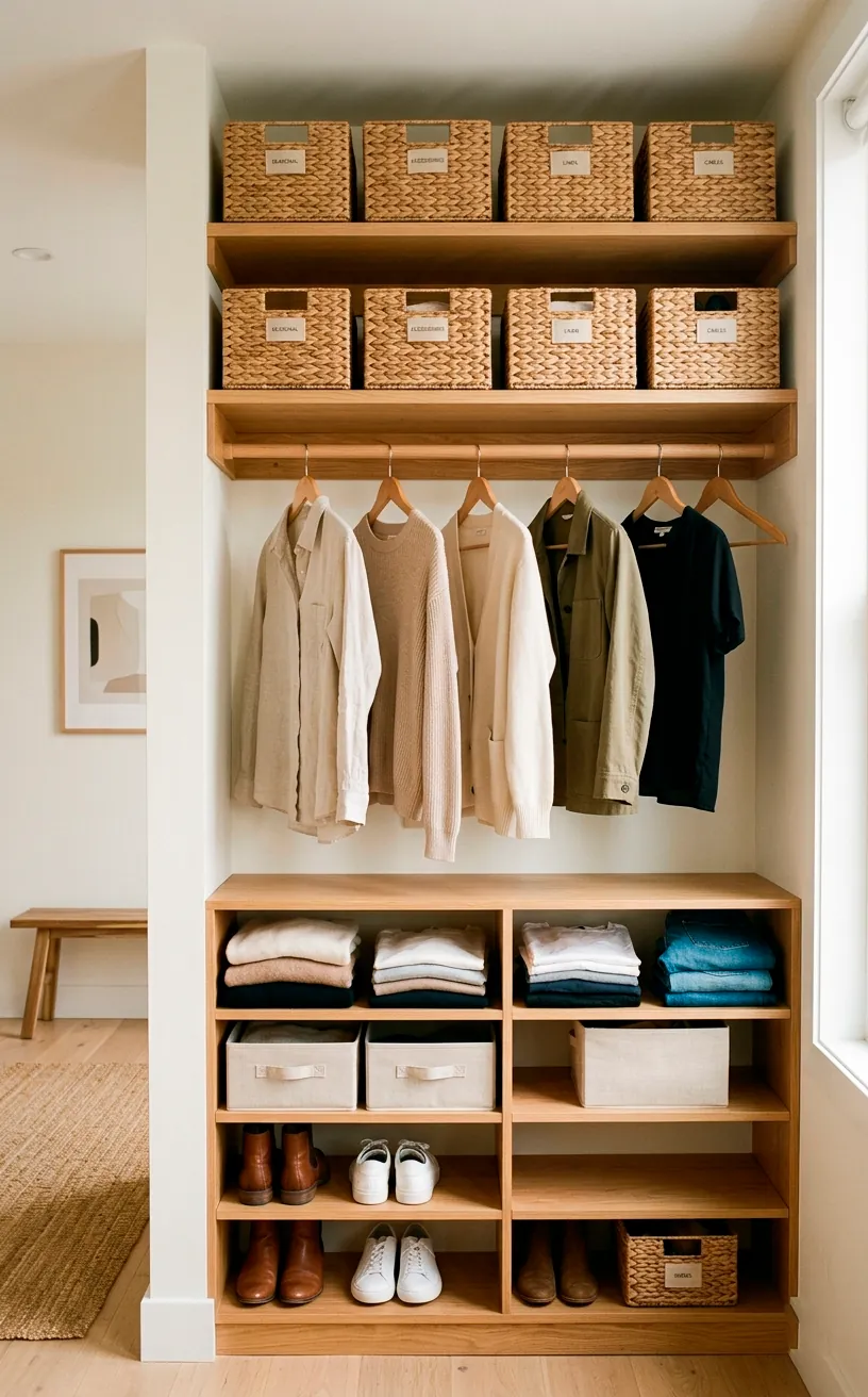 Organized shelving with matching storage baskets hiding clutter.