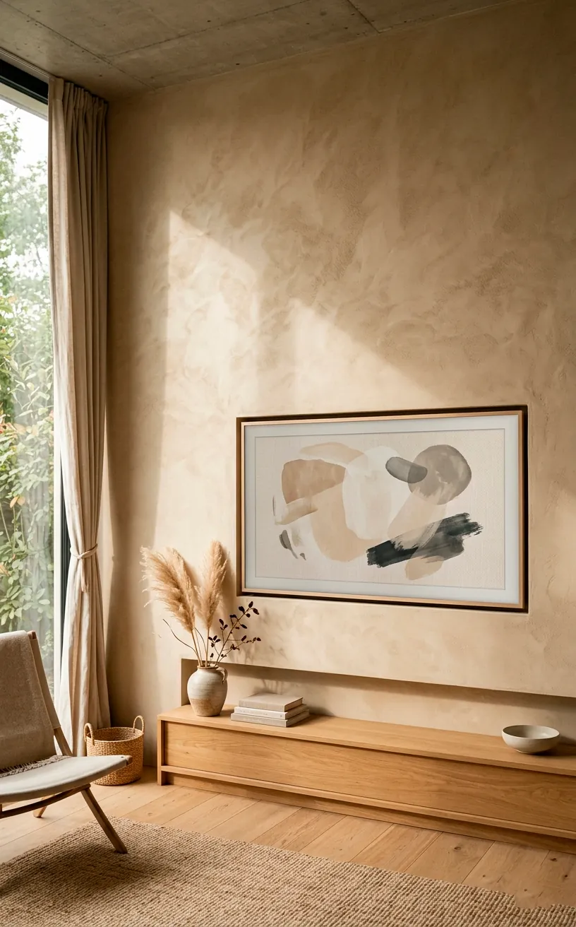 Smooth, sand-colored clay eco-plaster TV wall featuring a flush-mounted frame TV displaying abstract art.