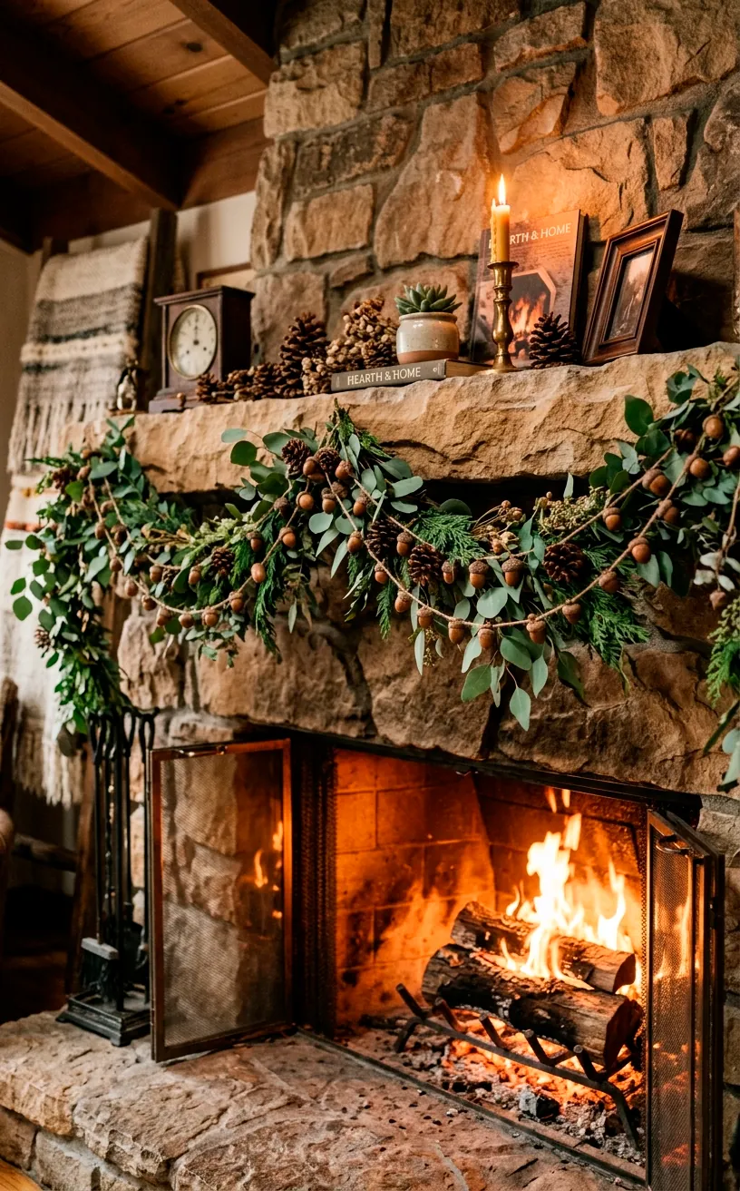 Natural acorn and pinecone garland draped across a stone fireplace mantel with eucalyptus.