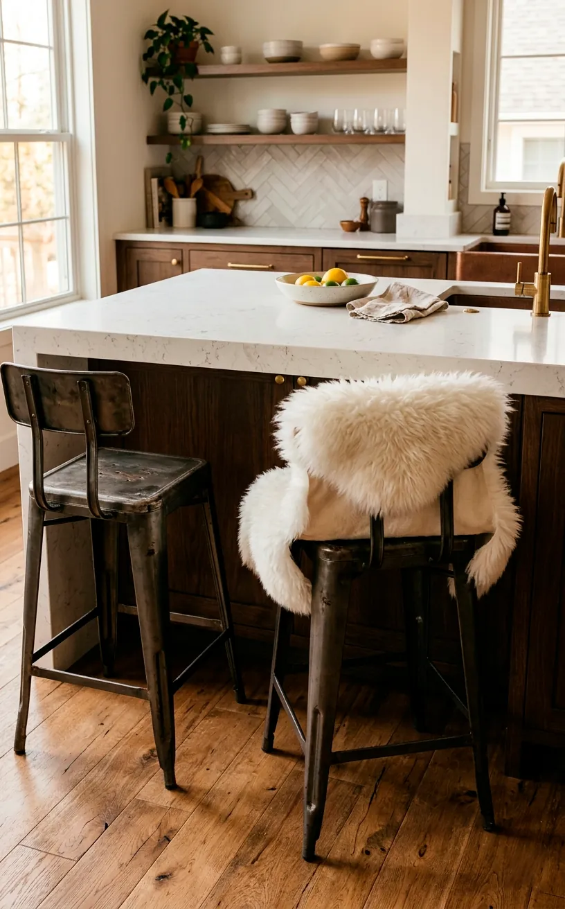 Distressed gunmetal bar stools with a faux sheepskin throw at a kitchen island.