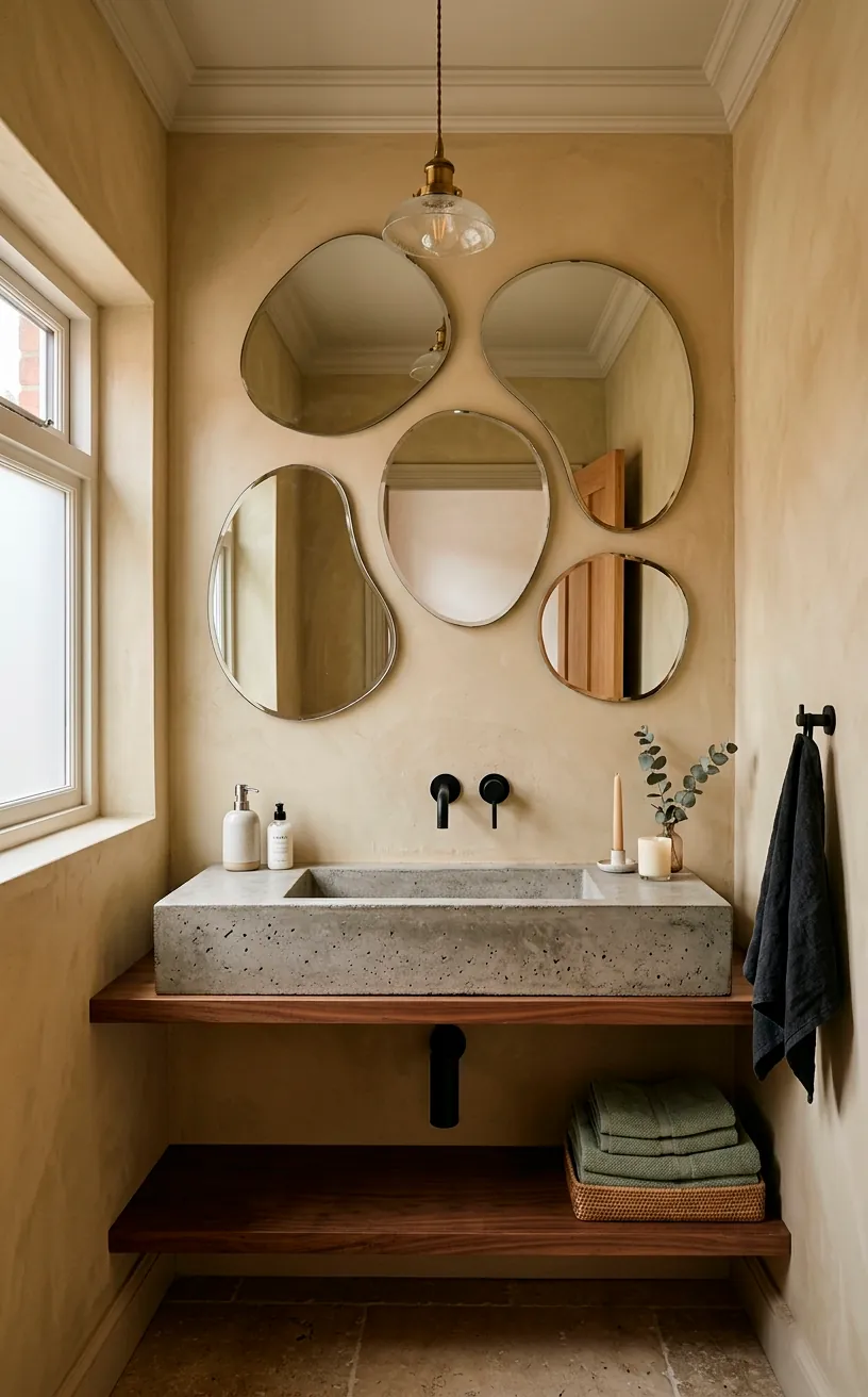 Gallery wall of asymmetrical frameless mirrors above a modern powder room sink