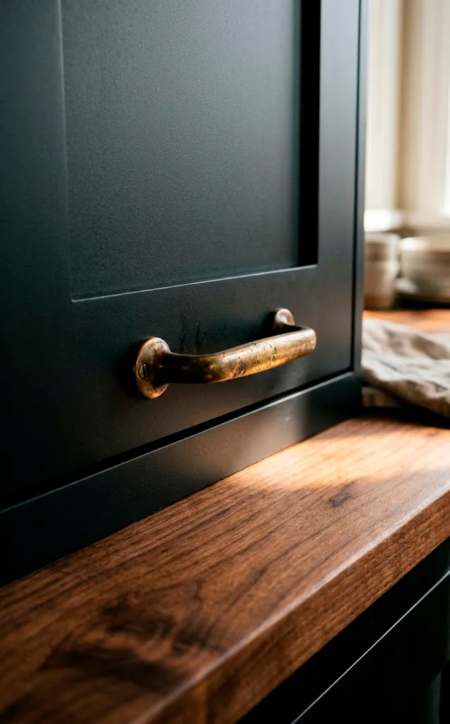 Macro shot of an aged unlacquered brass pull handle on a matte black kitchen cabinet above a walnut wood countertop.