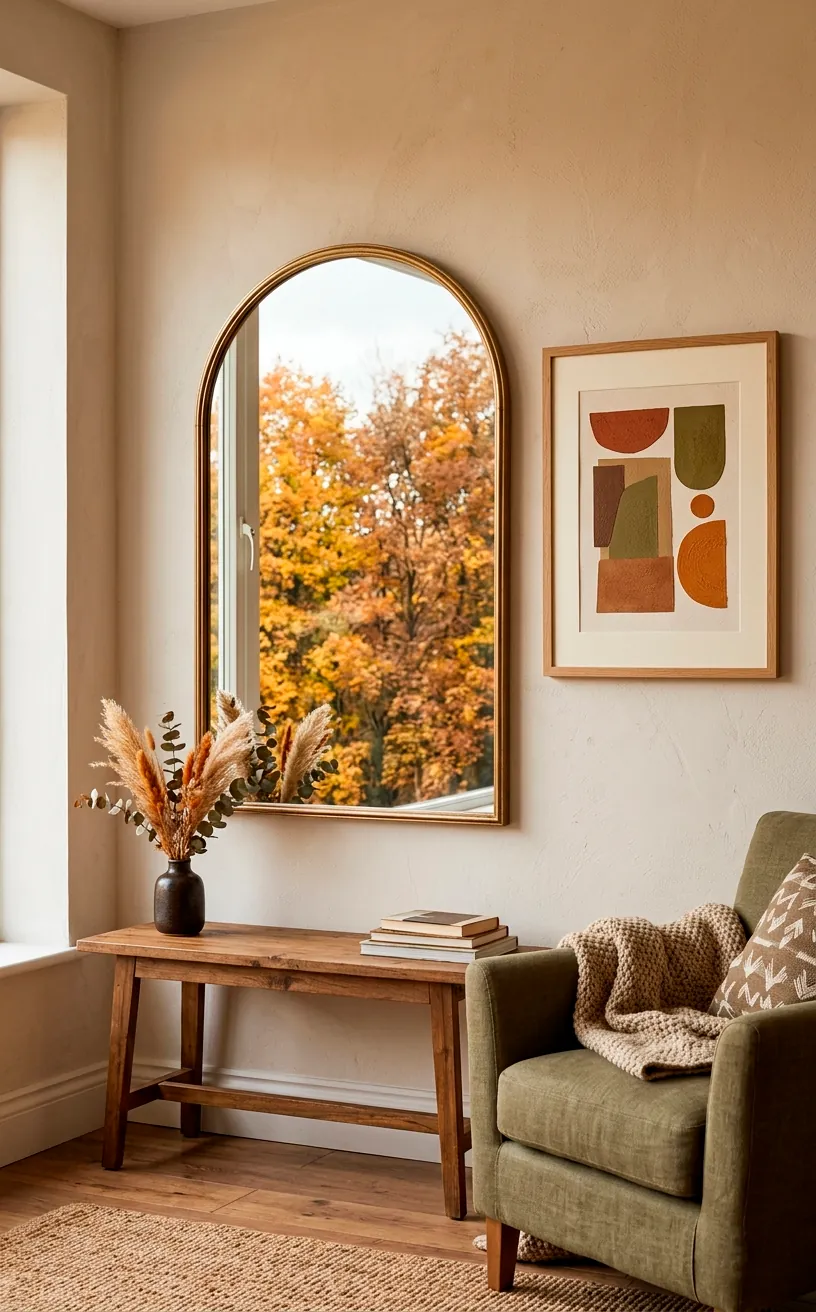 Elegant wall mirror reflecting autumn trees next to abstract art