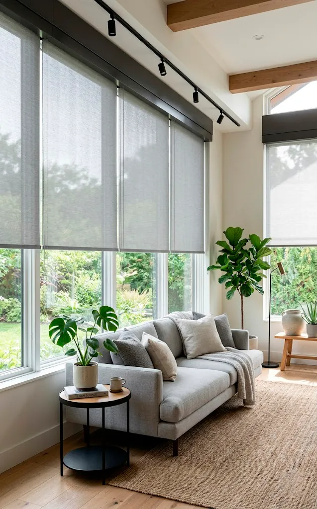 Sheer gray motorized blinds filtering sunlight in a modern luxury sunroom.