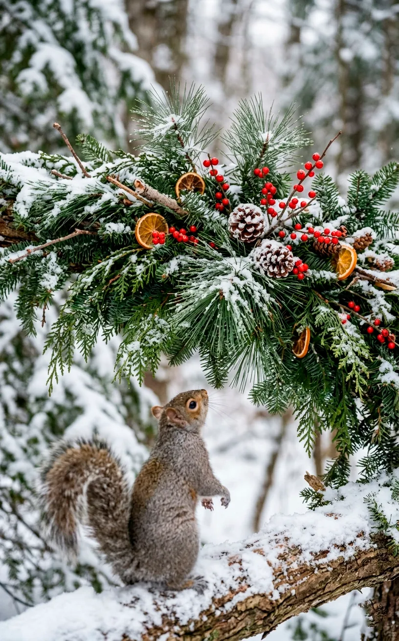 Beautiful outdoor holiday pine arrangement lightly dusted with snow while a curious squirrel looks up from below.