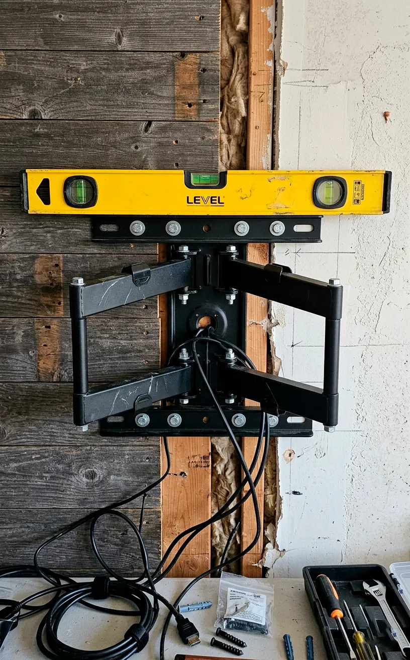 Full motion TV bracket mounted securely to a wall.