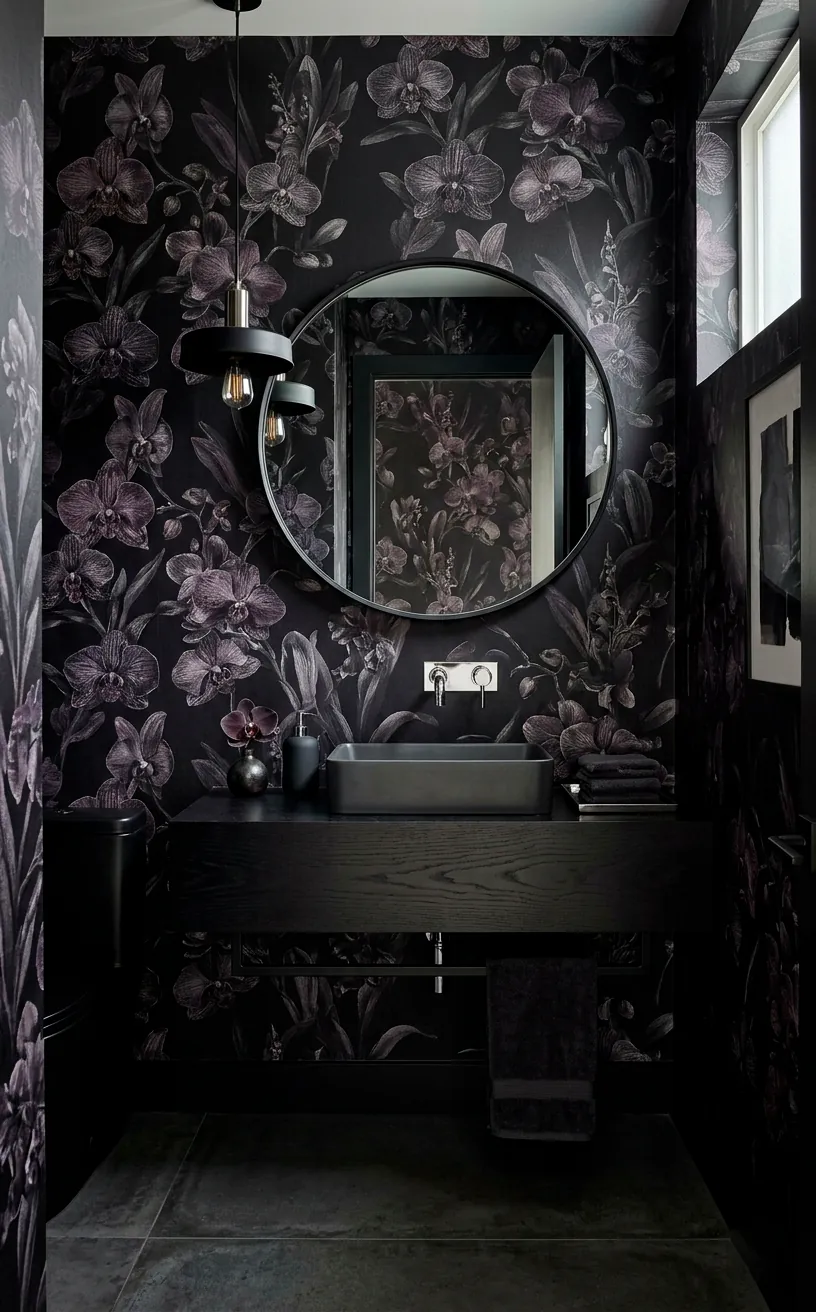 Contemporary powder room with sleek obsidian orchid floral wallpaper
