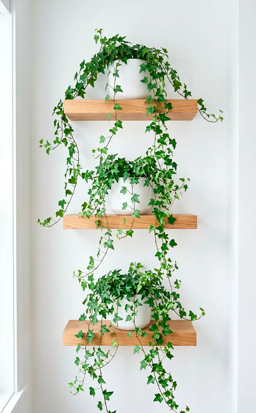 Minimalist floating shelves on a white wall displaying trailing ivy in white ceramic pots.