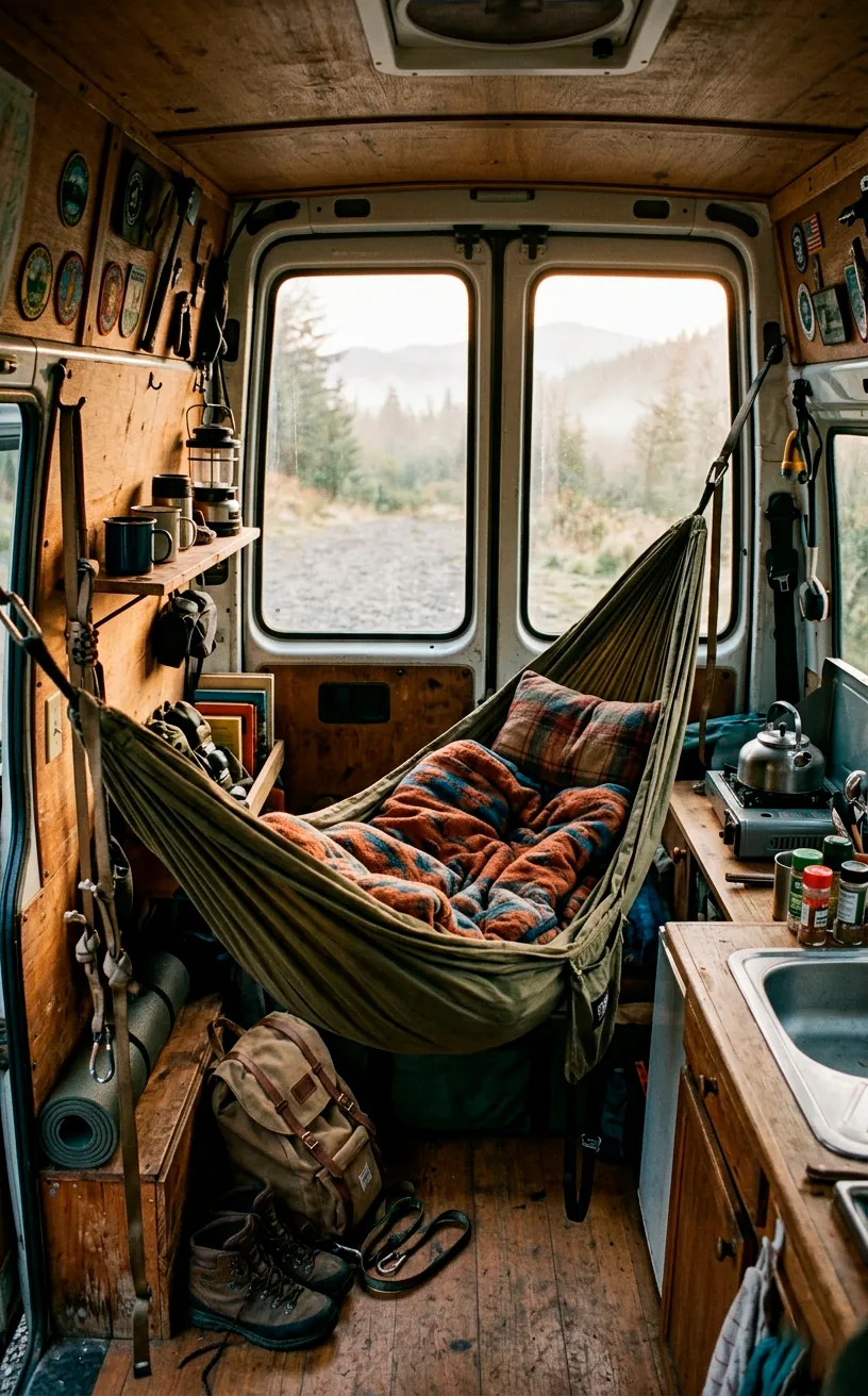 Olive green camping hammock strung diagonally across a camper van interior