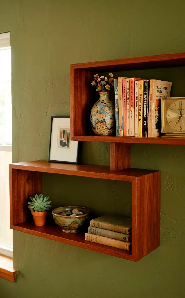 Asymmetrical mahogany floating shelves displaying vintage ceramics and books on an olive wall.