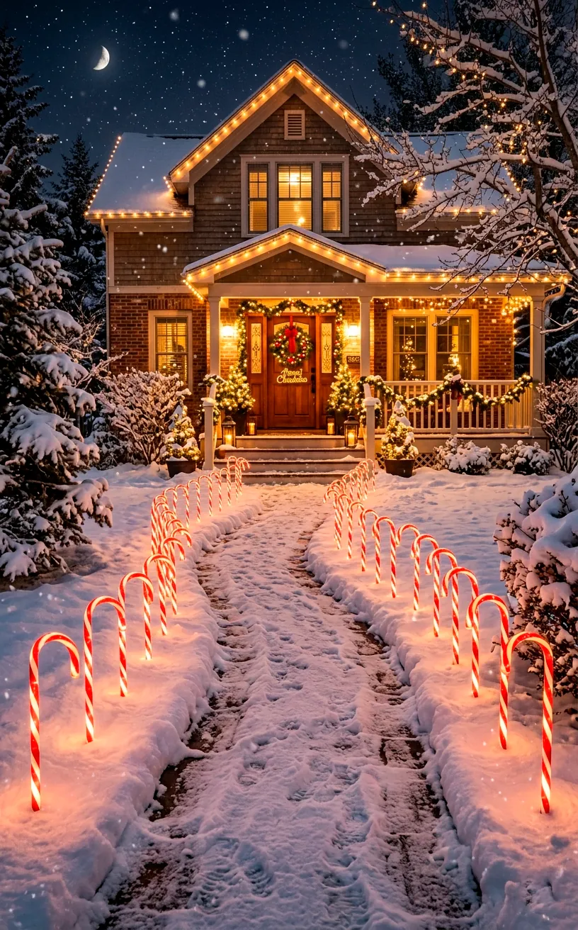 Glowing red and white candy cane lights lining a snowy walkway