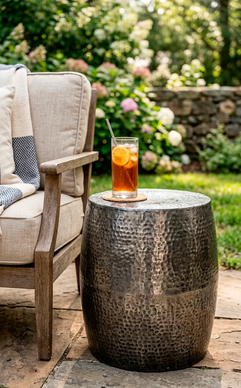Hammered metal drum side table holding a glass of iced tea next to a cozy outdoor chair.