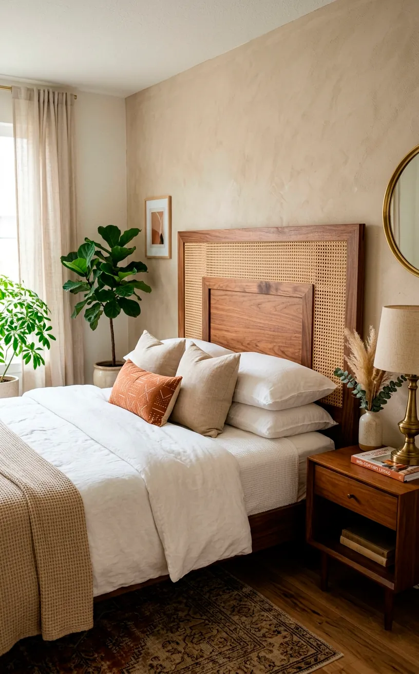 Mid-century modern rattan fusion headboard featuring a warm walnut frame with inset woven cane