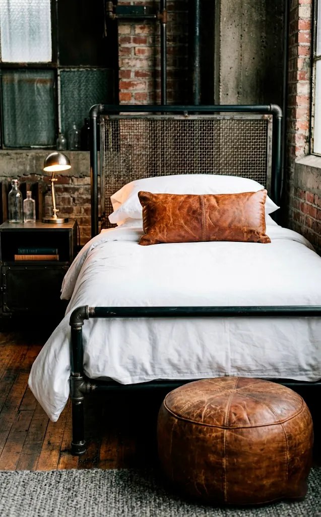Crisp white bedding accented with a distressed cognac leather lumbar pillow and a matching leather pouf.