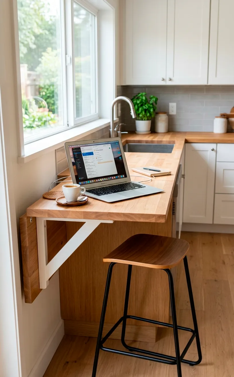 A kitchen counter extension functioning as a compact home office with a tucked-away stool.