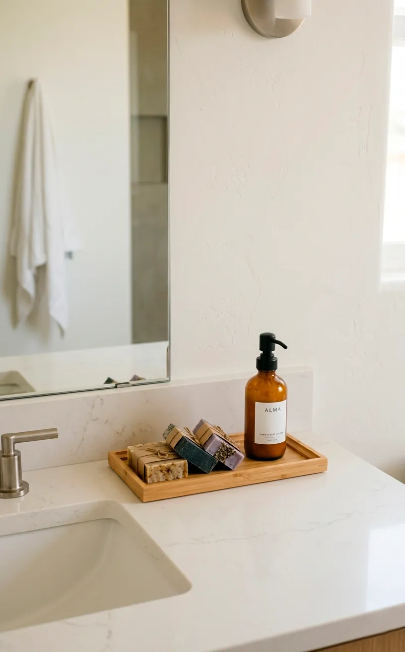 Clean minimalist bathroom vanity with a bamboo tray holding artisan soaps.