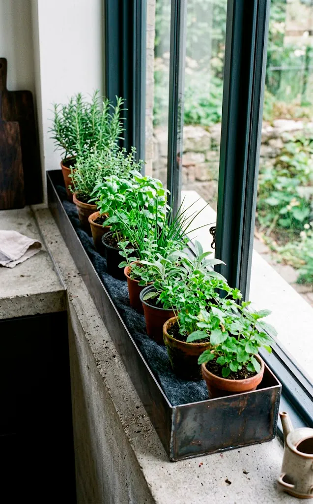 Sleek metal windowsill trough planter with capillary matting for kitchen herbs.
