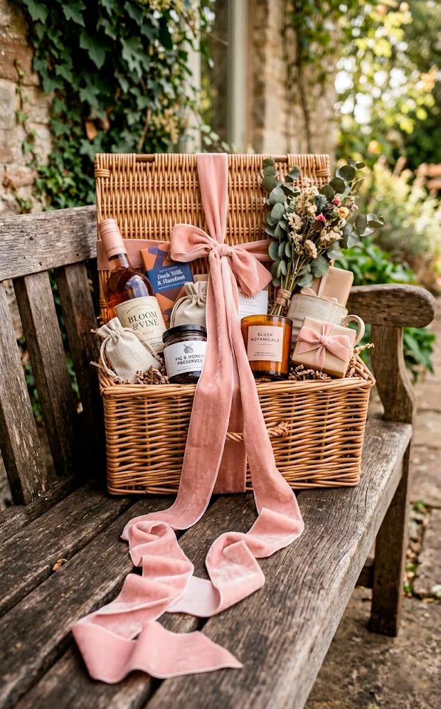 Open gift basket styled with a trailing velvet ribbon