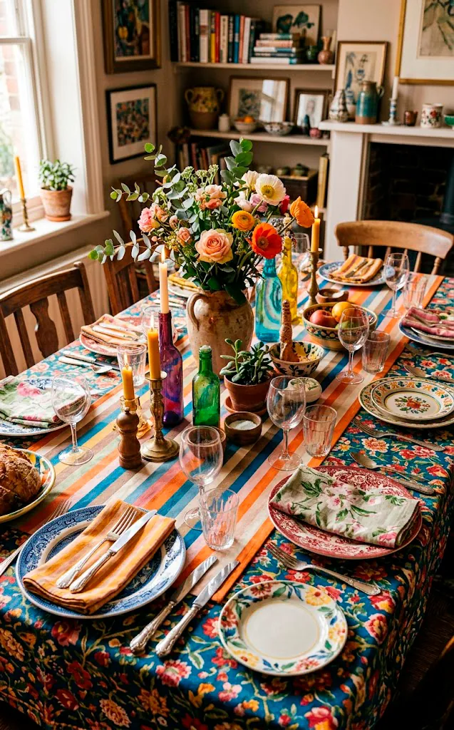 Layered colorful tablecloth with contrasting runner and mismatched patterned napkins.