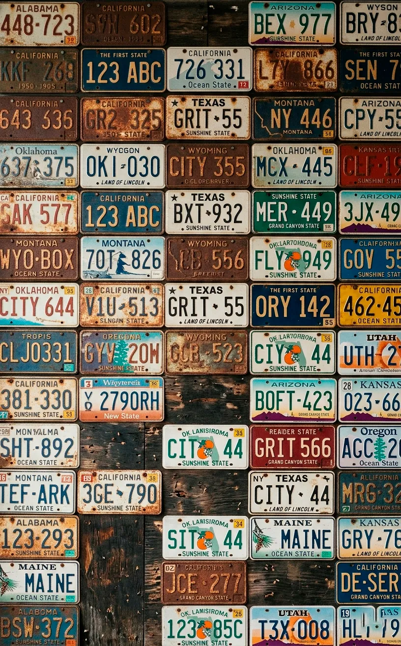 A grid of colorful vintage state license plates nailed to a reclaimed wood board.