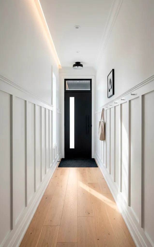 Crisp white Chantilly Lace entryway featuring detailed board and batten walls and a matte black door.