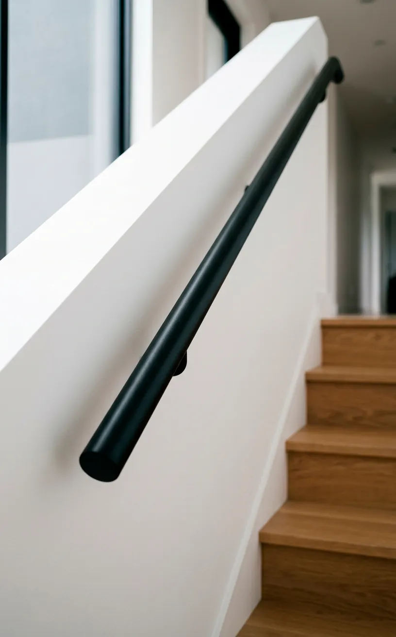Sleek matte black powder-coated steel handrail mounted on a smooth white monochrome wall.